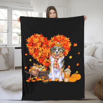 Discover Australian Shepherd Autumn Fall Leaves Pumpkin Dog Lover Fleece Blankets