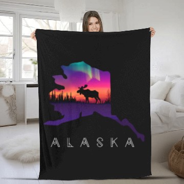 Discover Alaska Moose Aurora Borealis Alaska State Landscape Baseball Tees Fleece Blankets