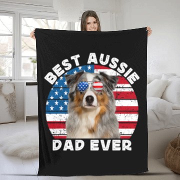 Discover Blue Merle Aussie Dad Australian Shepherd Dog American Flag Fleece Blankets