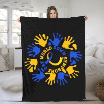 Discover Hand Print World Down Syndromes Day Blue Yellow Ribbon Fleece Blankets