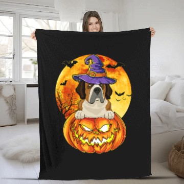 Discover St Bernard Witch Pumpkin Halloween Dog Lover Funny Fleece Blankets