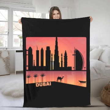 Discover Cool Dubai UAE Cityscape Camel Graphic Art Illustration Fleece Blankets