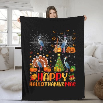 Discover Halloween Thanksgiving Christmas Heron Bird Hallothanksmas Fleece Blankets