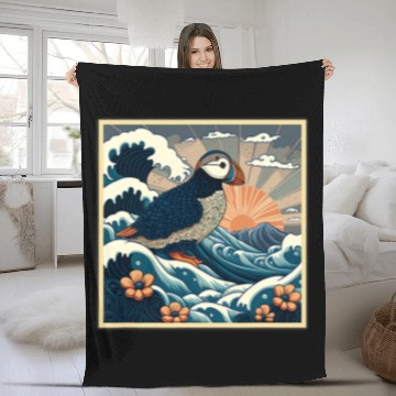Discover Surrealism Japanese Painting Puffin Fleece Blankets