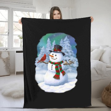 Discover Christmas Snowman Cardinal Bird Chickadees Winter Snow Scene Fleece Blankets