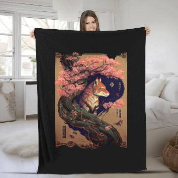 Discover vintages Cherry Blossom Japanese Fox Scroll Graphical Art Baseball Tees Fleece Blankets