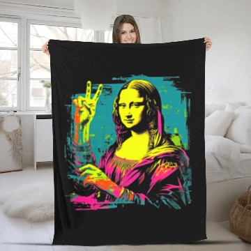 Discover Funny Mona Lisa Cool Retro Y2K EDM Mona Lisa Peace Sign Baseball Tees Fleece Blankets