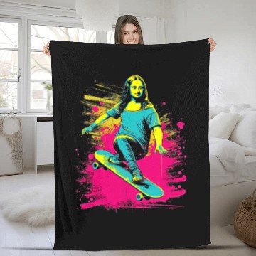 Discover Funny Mona Lisa Skateboarding Cool Retro Y2K EDM 3 Fleece Blankets