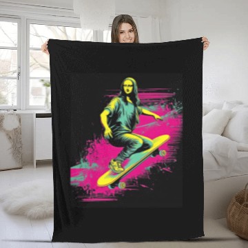 Discover Funny Mona Lisa Skateboarding Cool Retro Y2K EDM 1 Fleece Blankets