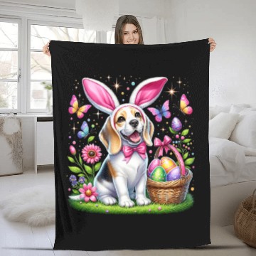 Discover Cute Bunny Beagle Dog Easter Eggs Basket Easter Day Delight Fleece Blankets