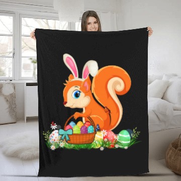 Discover Happy Easter Bunny Squirrel Holding Easter Egg Basket Fleece Blankets