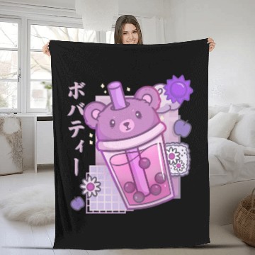 Discover Boba Tea Bear Bubble Tea Plum Kawaii Anime Bear Fleece Blankets