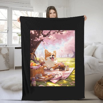 Discover Corgi Pet Cherry Blossom Funny Dog Picnic Fleece Blankets