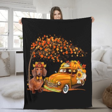 Discover Dachshund Pet Wearing Hat Fall Tree Pickup Truck Pumpkins Fleece Blankets