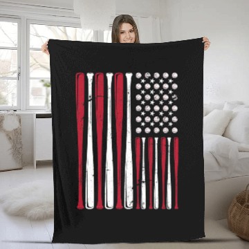 Discover Sport Baseball Patriotic Baseball Player US Flag Baseball Bat Fleece Blankets