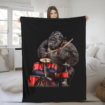 Discover Funny Drummer Gorilla Playing Drum Rock n Roll Fleece Blankets