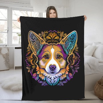 Discover Corgi Pet Dog Face and Head Colorful Mandala Pattern Corgi Fleece Blankets