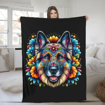 Discover German Shepherd Pet Cinco De Mayo Sugar Skull Flower Fleece Blankets