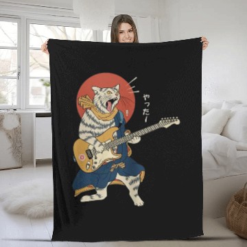 Discover Funny Guitar Cat Playing Guitar Ukiyoe Samurai Japanese Warrior Baseball Tees Fleece Blankets