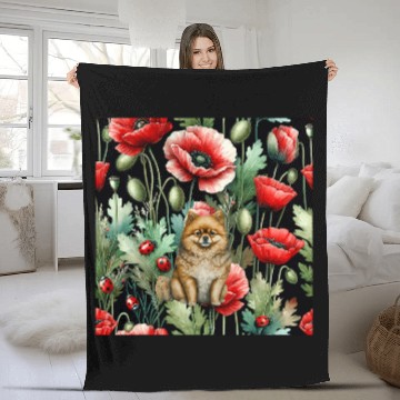 Discover Pomeranian Red Poppy Ladybug vintages Flowers Fleece Blankets