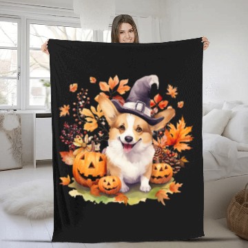 Discover Corgi Pet Fall Leaves Autumn Maple Pumpkin Thanksgiving Fleece Blankets