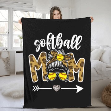 Discover Sport Softball Mom Messy Bun Leopard Cheer Mom Mama Game Day Fleece Blankets