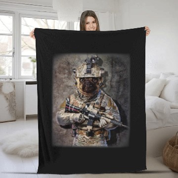 Discover Pug Pet Grumpy as armys Commando in Full Tactical Fleece Blankets
