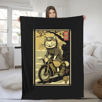 Discover Japanese Samurai Cat on Motorcycle Kawaii Ninja Cat 21 Baseball Tees Fleece Blankets