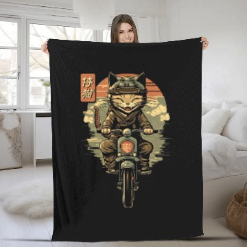 Discover Japanese Samurai Cat on Motorcycle Kawaii Ninja Cat Baseball Tees Fleece Blankets