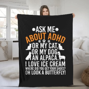 Discover ADHD Ribbon Ask Me About ADHD Awareness Orange Ribbon Support Graphic Fleece Blankets