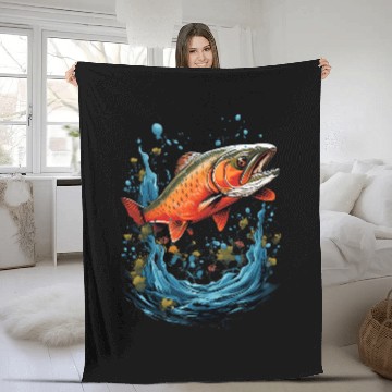 Discover Fishing Fun Fly Fishing Arctic Char Brook Trout Fish Fleece Blankets