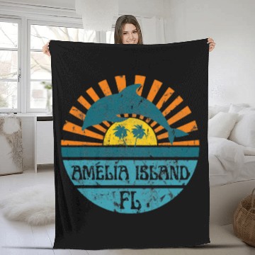 Discover Dolphin Pet Gift Amelia Island Florida Beach Dolphin Retro Sunset Vintage Fleece Blankets