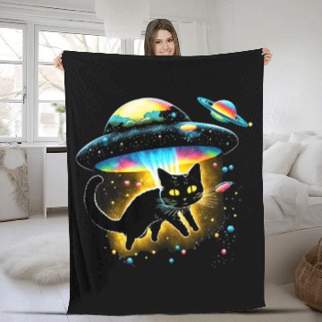 Discover Aliens UFO Fleece Blankets Galaxy Cat Spaceship Alien Cat Fleece Blankets