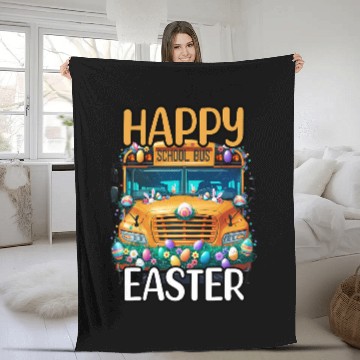 Discover Happy Easter Day School Bus Egg Hunt Sunday Bunny Driver Fleece Blankets