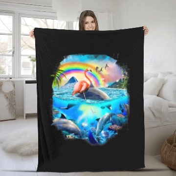Discover Dolphin Pet Gift Flamingo Riding Dolphin Rainbow Dolphins Fleece Blankets