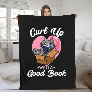 Discover Book Fun Curl Up With a Good Book Cat Meme Bookworm Reading Quote Fleece Blankets