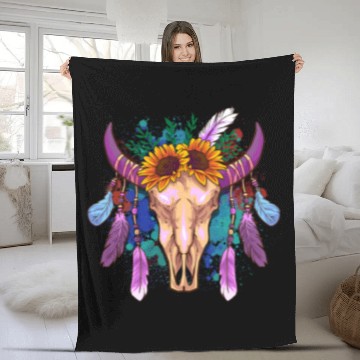 Discover Cow Pet Country Boho Cow Skull With Sunflowers And Feathers Fleece Blankets