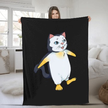 Discover Penguin Pet Funny penguin illustration with a cat face on it Fleece Blankets