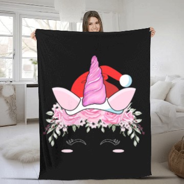 Discover Unicorn Pet Face Santa Hat Funny Christmas Fleece Blankets