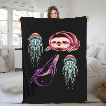 Discover Sloth Pet Gift Outer Space Whale Sloth Jellyfish Kids Astronaut Science Fleece Blankets