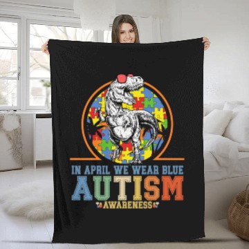 Discover Autism Puzzle Dino Trex In April We Wear Blue Fleece Blankets