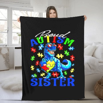 Discover Autism Puzzle Dino Proud Autism Sister Dinosaur Baseball Tees Fleece Blankets