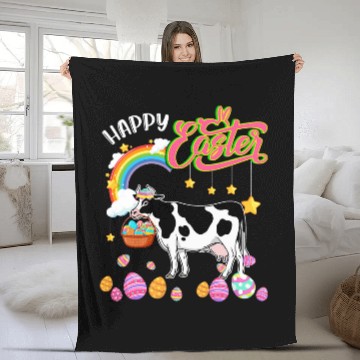 Discover Cow Pet Happy Easter Cow Holding Eggs Basket Chocolate Eggs Hunt Fleece Blankets