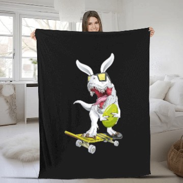 Discover Dinosaur Pet T rexs Easter Dinosaur Bunny Holding an Egg Skateboarding Fleece Blankets