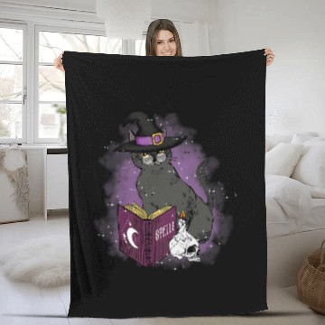 Discover Book Fun Cat and Witch Cats Spell Book Spiritual Design Fleece Blankets