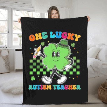 Discover Autism Puzzle One Lucky Autism Teacher St Patrick Day School Fleece Blankets
