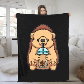 Discover Hedgehog Pet Drinking Bubble Tea Cute Animals With Boba Tea Fleece Blankets