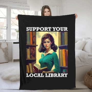 Discover Book Fun Support Your Local Library Book Reader Retro Librarian Fleece Blankets