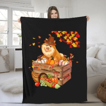 Discover Pomeranian Pet With Pumpkins Thanksgiving Fall Leaves Owner Fleece Blankets