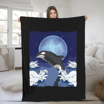 Discover Whale Pet Waves Orca Lover Full Moon Ocean Animal Killer Whale 1 Fleece Blankets